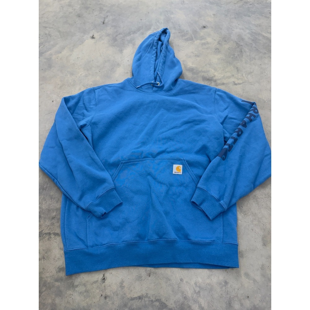 Carhartt Hoodie Mens L Blue Graphic Fleece Loose Fit Kangaroo Pockets Streetwear